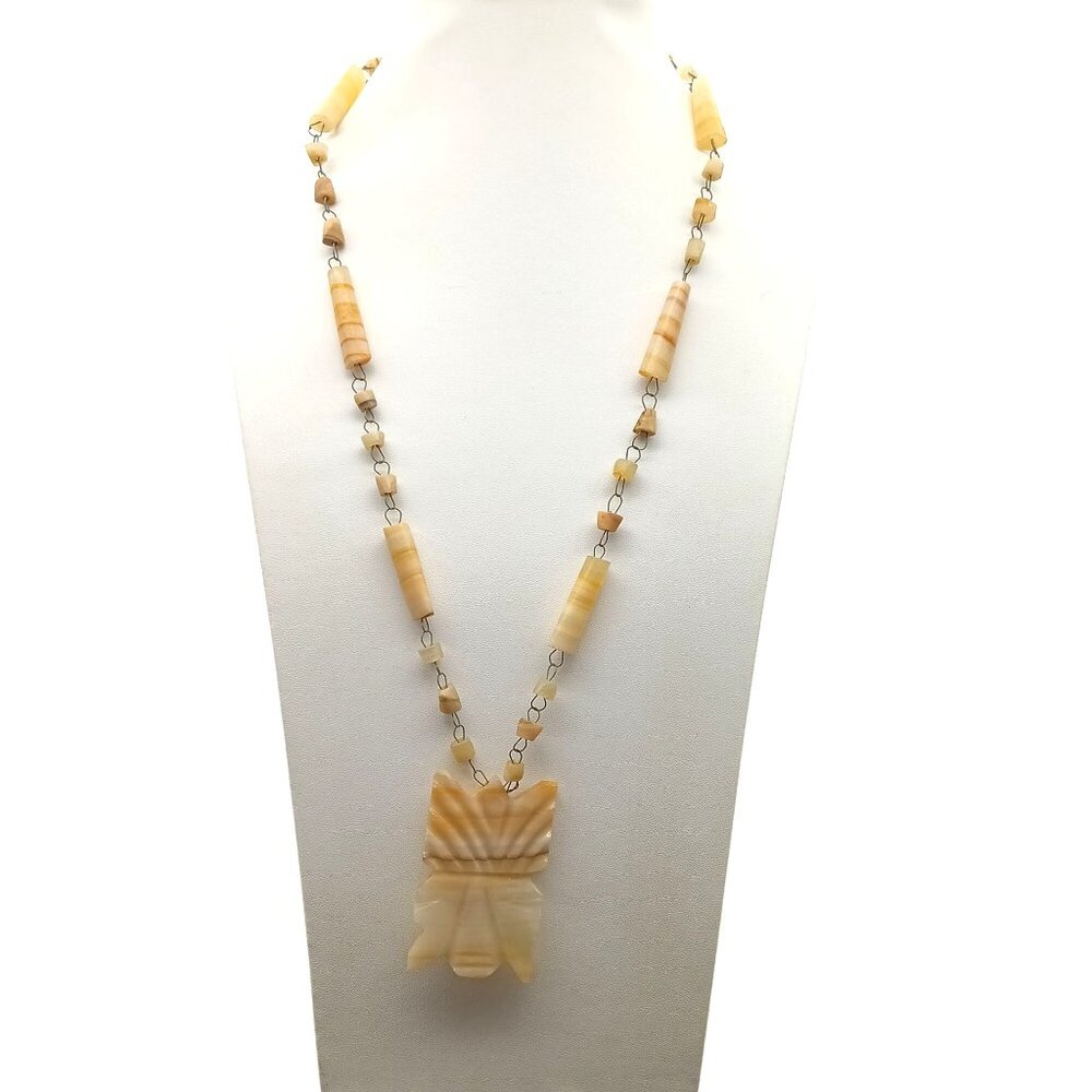 Vintage Mexican Onyx Aztec Tribal Man Pendant Necklace with Beaded Chain